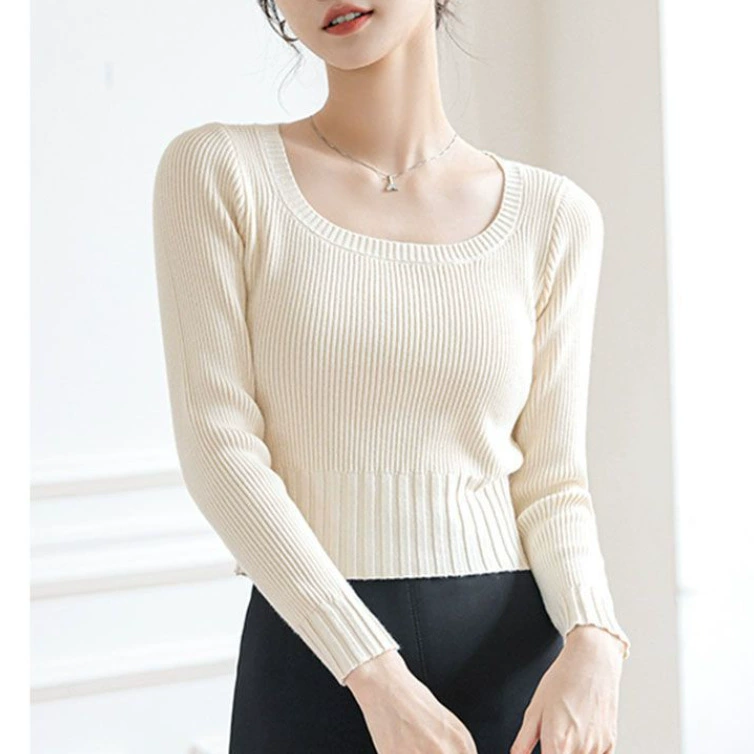 Короткий свитер с квадратным вырезом женский новый белый тонкий свитер с внутренним дном черный топ с длинными рукавами