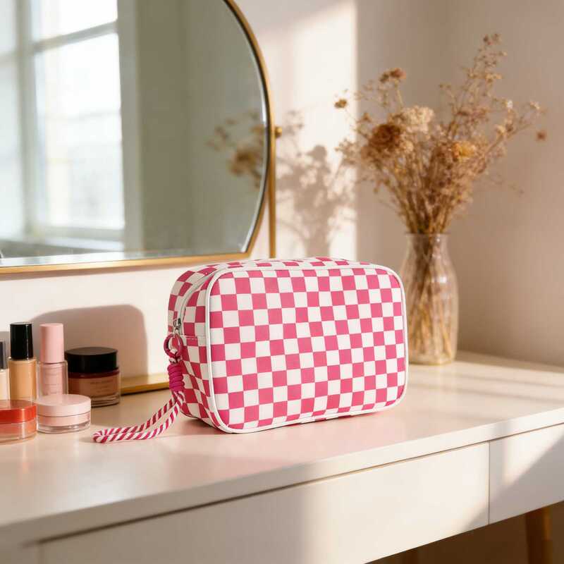 Cross-Border Simple Storage Checkered Cosmetic Bag, Portable High-Value Makeup Bag, Travel Large-Capacity Clutch Bag, Waterproof Cross-Border Simple Storage Checkered Cosmetic Bag, Portable High-Value Makeup Bag, Travel Large-Capacity Clutch Bag, Waterproof