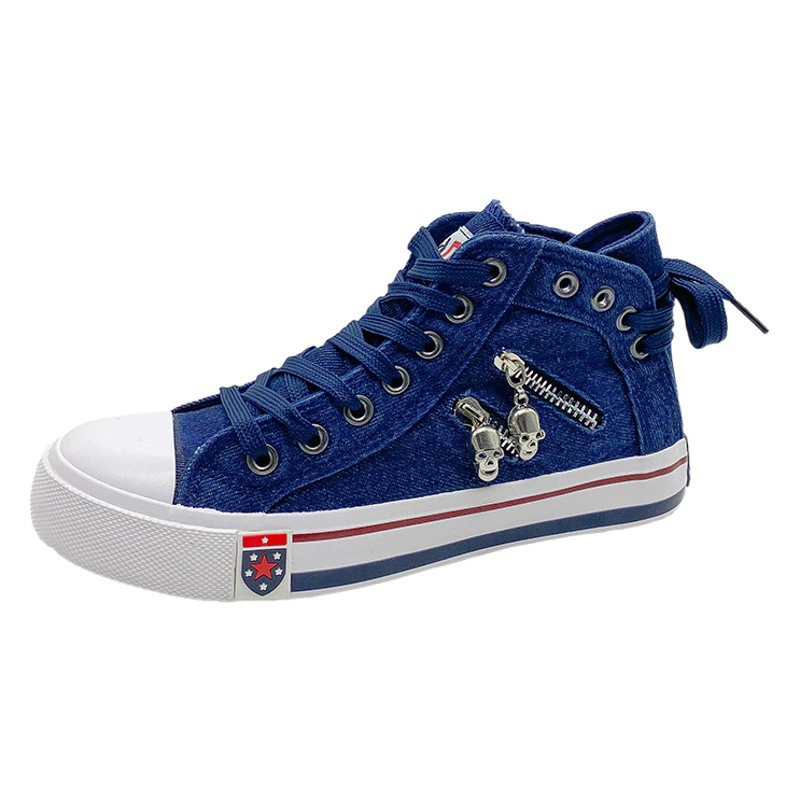 Джинсовые высокие парусиновые туфли для женщин, повседневная обувь в корейском стиле, весна 2024, новые кроссовки большого размера в стиле ретро на молнии
