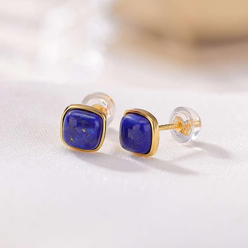 Khuyên tai bạc S925 mạ vàng đính đá lapis lazuli hình vuông vintage — Cặp đôi