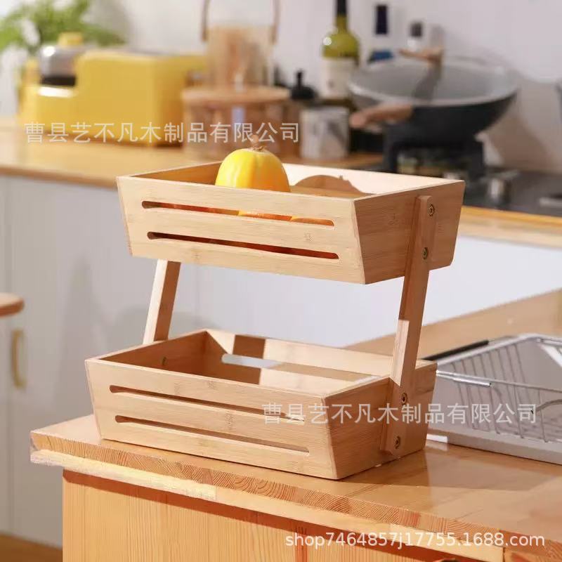 台所の食べ物をカスタマイズしてバスケットを収納する二重木製果物野菜スナックパンバスケット竹木テーブル整理棚|undefined