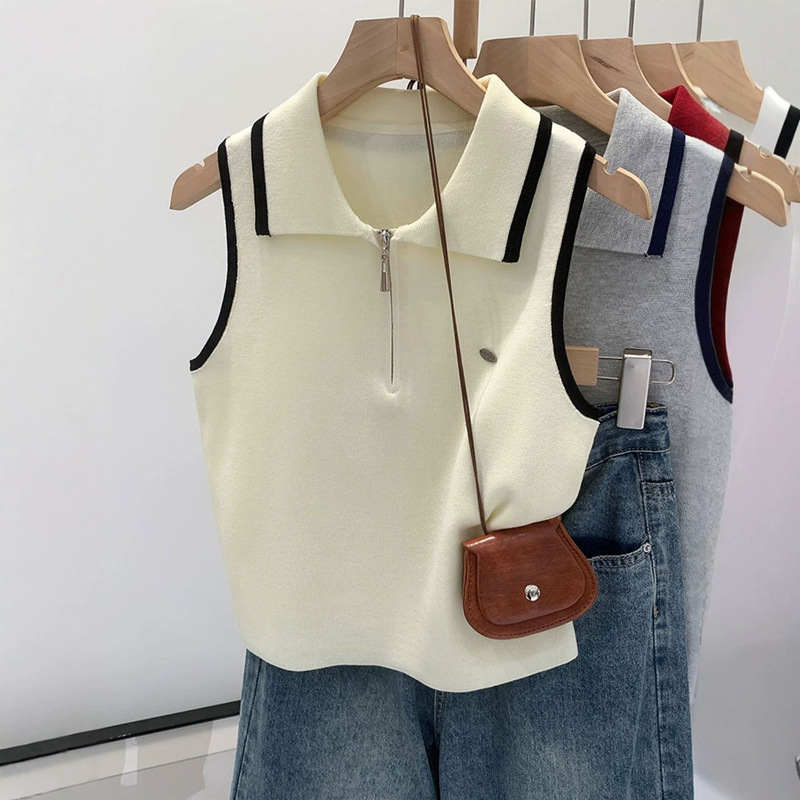 Academy-Style Polo Collar Half-Zip Knit Vest for Women, 2026 Summer New Model, High-End Design Niche Top