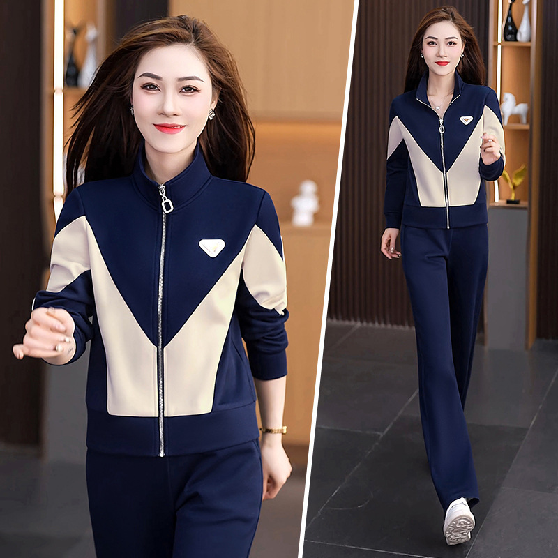 European and American Sports Suits for Women 2025 Spring and Autum New Style Foreign Style Splicing Slimming Look Zipper Casual Sweatshirt Two-Piece Set