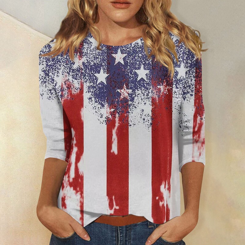 Casual 3/4 Sleeve Shirt Women's Independence Day Print Pattern T-Shirt Shirt Daily Fashion Basic Top Pullover Casual 3/4 Sleeve Shirt Women's Independence Day Print Pattern T-Shirt Shirt Daily Fashion Basic Top Pullover