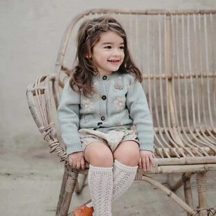 Ins Style Autumn and Winter Girls Embroidered Cotton Knitted Cardigan Baby Girl Blue Sweater Jacket Loose Casual Versatile