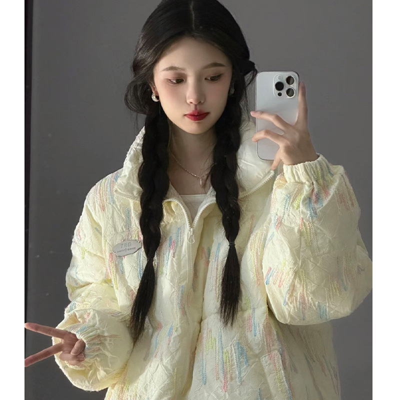 美式慵懒风彩虹条纹百搭棉服外套女学生冬季潮流宽松加厚保暖棉衣