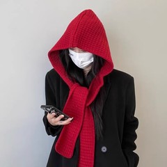 冬季帽子围巾一体两件套纯色保暖两用针织帽斗篷百搭时尚连帽披肩
