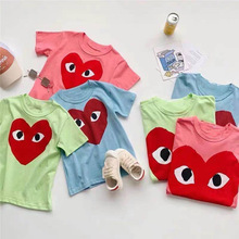 日系潮牌t恤川久play爱心纯棉短袖刺绣小红心男女情侣亲子装保玲