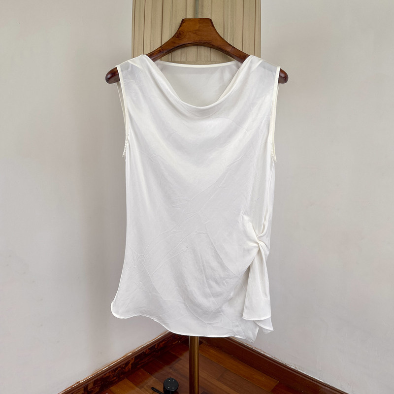 100% Copper Ammonia Silk Pleated Sleeveless Top for Women, Summer French Style, Irregular Neckline, Slim Fit, Drapey T-Shirt Blouse