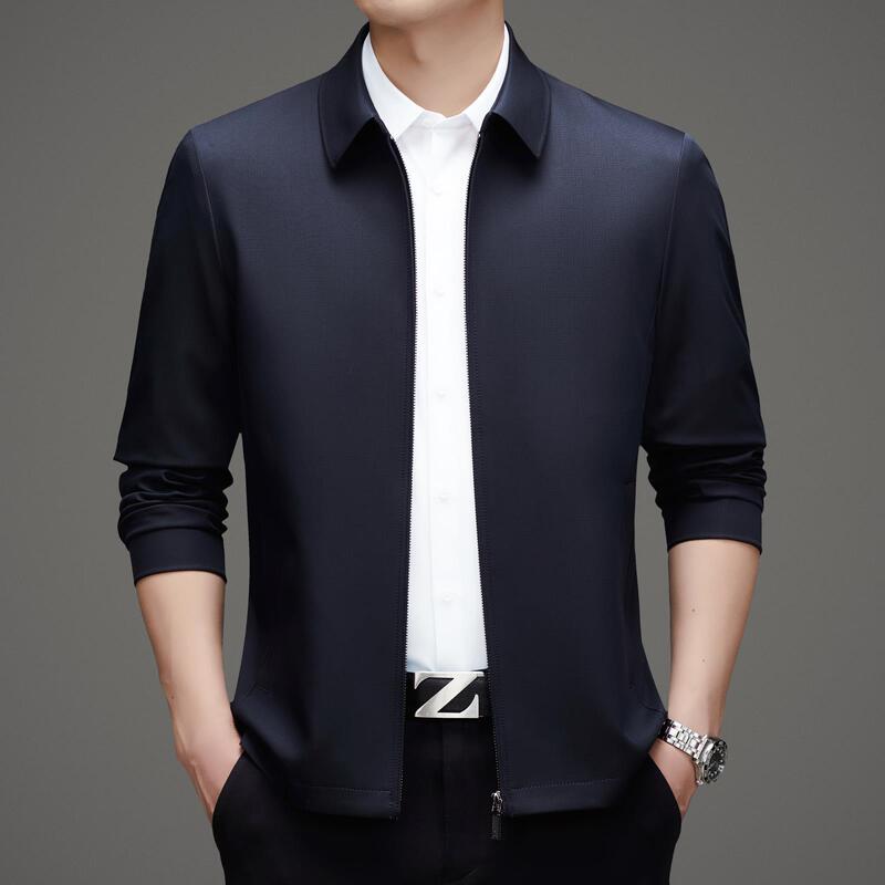Brand Silk Jacket for Men 2025 Spring and Autumn Thin Style Middle-Aged Turn-Down Collar Business Casual Versatile Solid Color Men's Outerwear Brand Silk Jacket for Men 2025 Spring and Autumn Thin Style Middle-Aged Turn-Down Collar Business Casual Versatile Solid Color Men's Outerwear