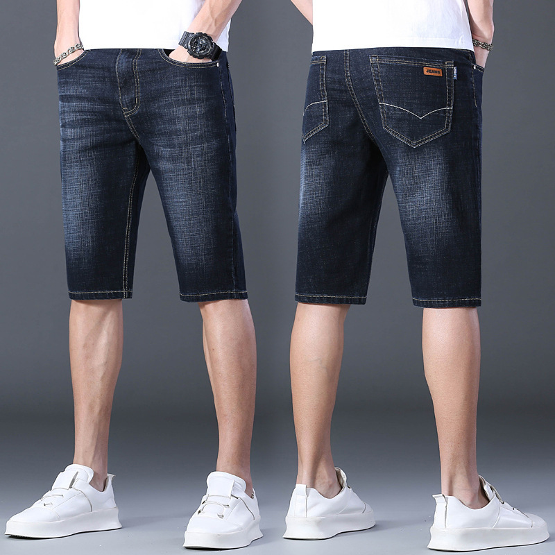 夏の薄いタイプの7分のズボンの男性のまっすぐな筒の紳士服のデニムのショートパンツの弾力性は夏の青年の中でズボンを修理します。|undefined