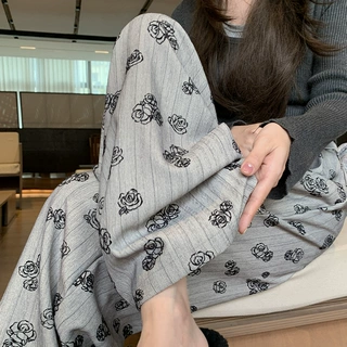 高颜值立体植绒玫瑰阔腿裤女秋季新款窄版高腰印花直筒休闲拖地裤
