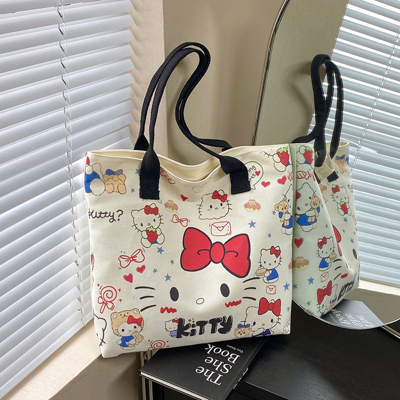 Wholesale Hello Kitty Printed Canvas Bag Cute Kitty Shopping Tote Bag Large Capacity Student Tutoring Bag