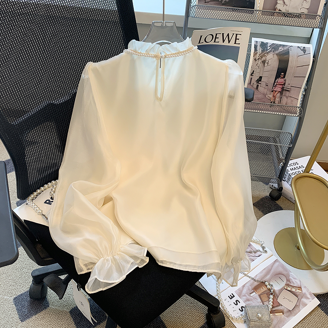 프랑스 스타일 보라색 꽃 스트랩 경적 소매 셔츠 여성의 가을 2024 세련된 아름다운 레이스 칼라 쉬폰 탑