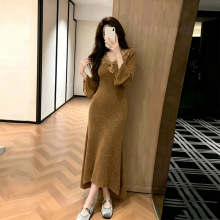 裘风匿华 冬季内搭打底裙女蕾丝拼接连衣裙女针织毛衣裙子