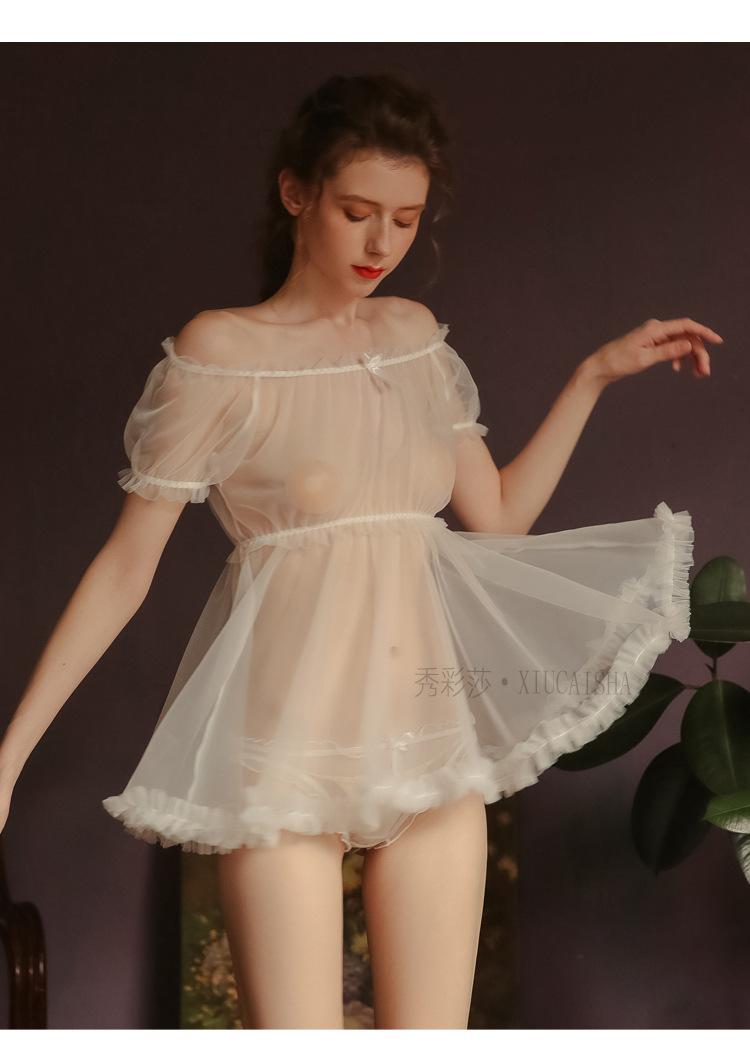 Sheer Mesh Babydoll Nightdress with Matching Panty, Pink One Size — detail image 2