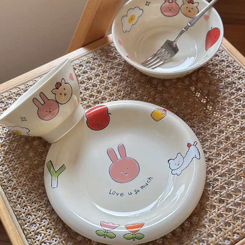オリジナルかわいい下絵色手描きリンゴウサギ家庭用皿プレートライスボウルサラダヨーグルトボウル食器セット|undefined