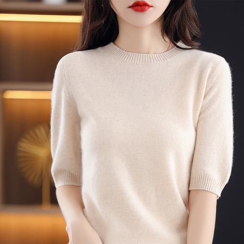 Knit Short Sleeve Thin Women's T-Shirt 2025 Spring and Autumn Half Sleeve Wool Base Shirt Round Neck Medium Sleeve Loose Wholesale