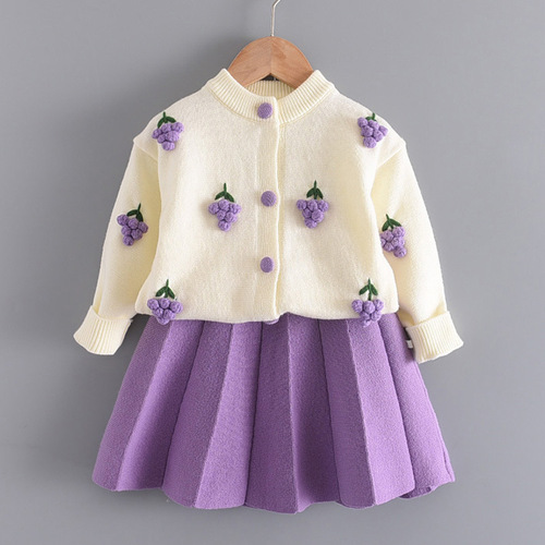 Children's sweater skirt cardigan cross-border autumn and winter new Korean version cartoon fruit picture baby girl two-piece suit sweater