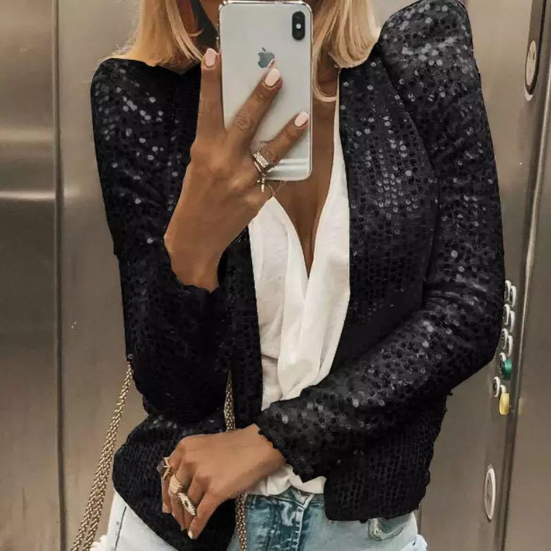 Women's Fashion Solid Color Sequins Patchwork Placket Coat Casual Jacket display picture 5