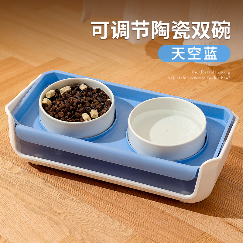 Suministros para mascotas transfronterizas tazón de gato al por mayor de cerámica doble tazón oblicuo boca tazón de comida para gatos tazón de perro antidetonante tazón de mascota ajustable