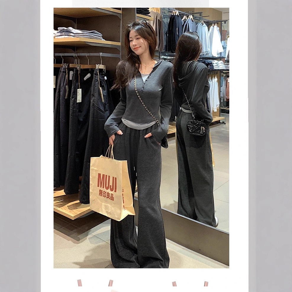 Two-Piece Casual Sports Suit with Faux Two-Piece Long-Sleeve Top and High-Waisted Wide-Leg Pants for Women in Autumn