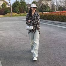 慵懒风格子长袖衬衫女美式复古开衫小众宽松BF风上衣衬衣春秋外套