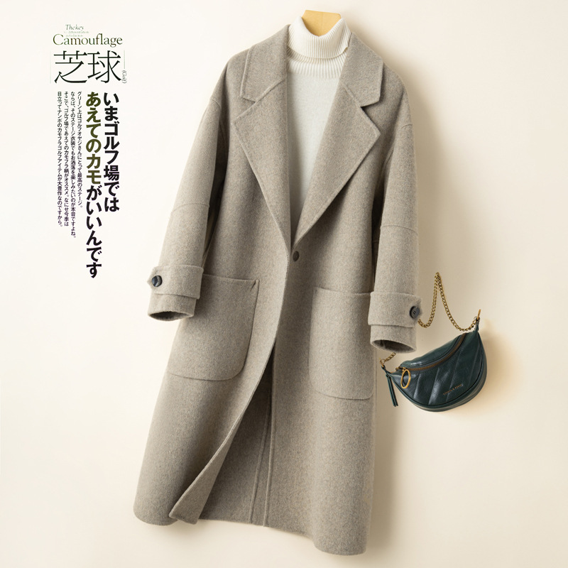 反季双面羊毛大衣女中长款双面呢西装领韩版宽松毛呢外宽松型