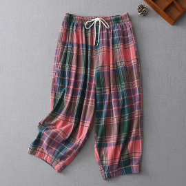 2026夏季新款复古小众休闲百搭色织棉麻撞色格子萝卜裤女