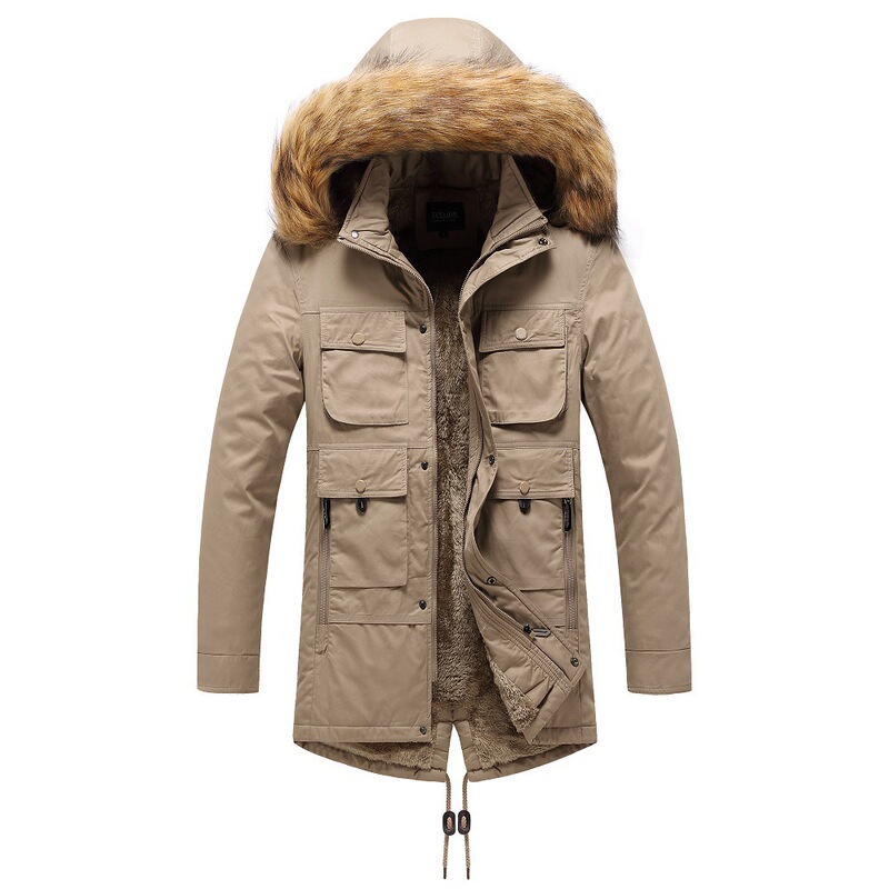 Fleece-lined hooded cotton-padded coat men's winter mid-length fleece-lined thickened dad cotton-padded coat multi-pocket workwear cotton-padded jacket