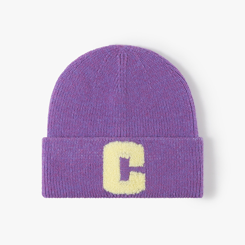 Autumn and Winter Women's Alphabet Towel Embroidered Warm Brimless Wool Hat Fashionable Outdoor Thickened Ear Protector Knitted Hat_voghion.com