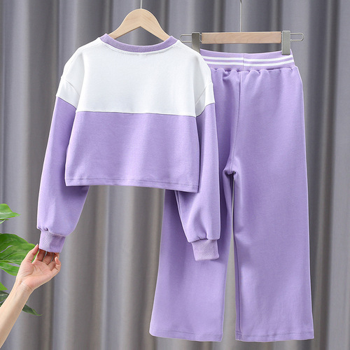 Spring and Autumn Girls' Sports Suit, Big Children's Short Loose Long-Sleeved Sweatshirt and Casual Pants Two-piece Set for Girls and Children's Clothing