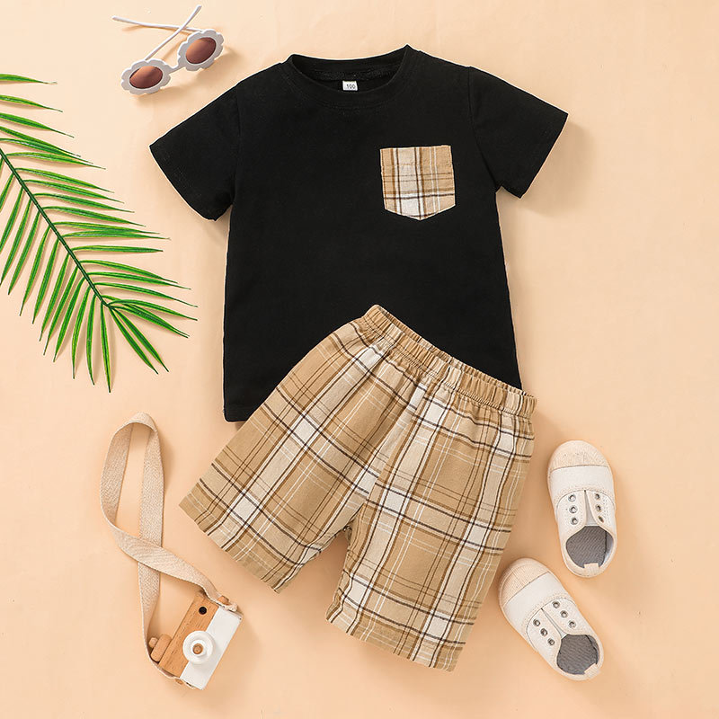 Casual Children's Summer Shorts Suit Boy Plaid T-shirt Two-piece display picture 3