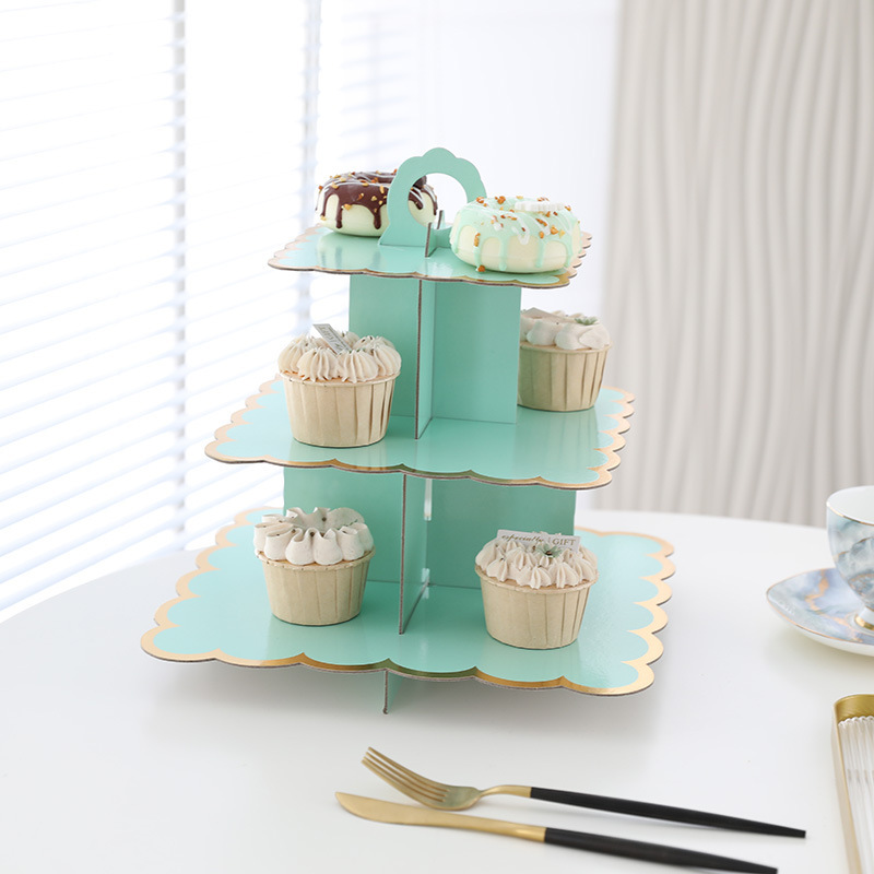 使い捨て多層紙ケーキスタンド誕生日パーティー用品三層ホットスタンピングデザートテーブルケーキオーナメント装飾|undefined