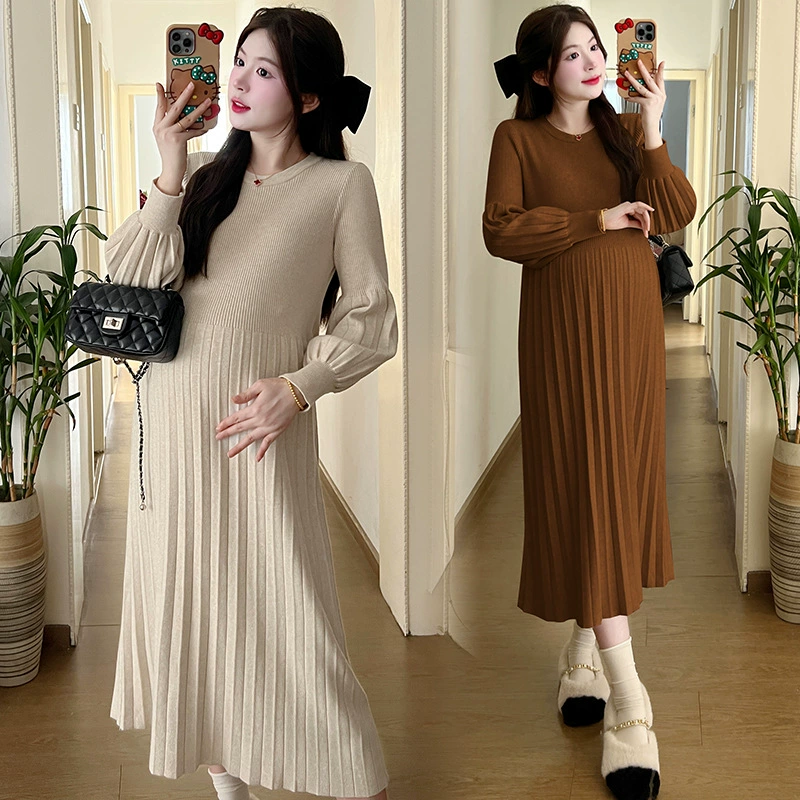 Жесткие осенние и зимние толстые теплые длинные платья для беременных трикотажные свитера платье до колен рукава фонарь свитер юбка для беременных