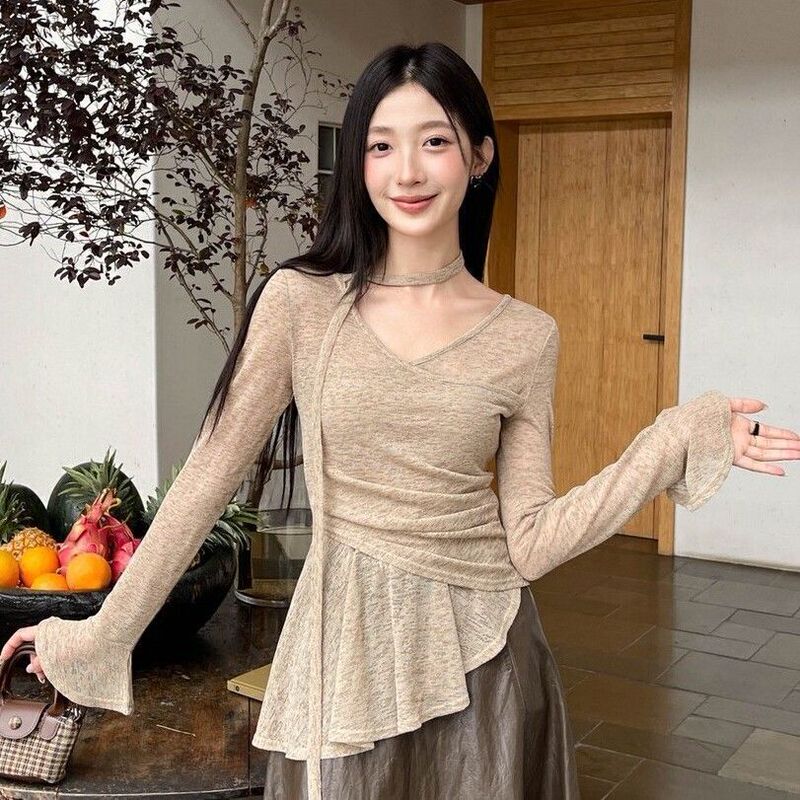 Autumn 2025 New Korean Style Design Ruffled Asymmetrical Waist T-Shirt Niche Elegant Ribbon Top for Women
