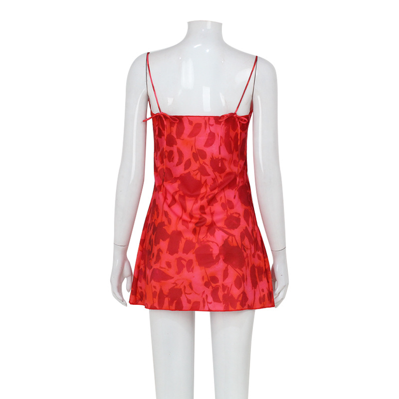 161g Weight Above Knee Dress Length Type Sleeveless Sleeve Length Strap Dress Dresses Type Sleeveless Sleeve Type Spandex, Polyester, Chiffon Fabric Type Elastic Waist Waist Line Date, Tea Party Occasion V Neck Neckline Slim Fit Type Printing Pattern 2025 Spring and Summer Season Printing Design European and American wind, Streetwear Style French Minority Red Printed V-neck Strap Sexy Dress Women's 2024 Summer New Waist Slimming Skirt 15