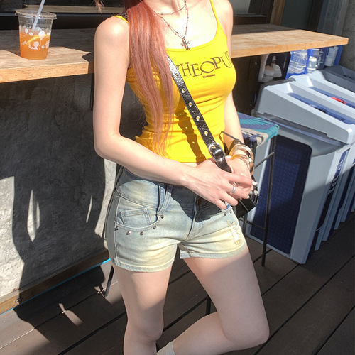 American Style Poplar Nail Sweet Cool Spicy Cowgirl Short Pants for Women 2025 Summer High-Waisted Fitting Slimming Tall-Showing Versatile Trendy Shorts