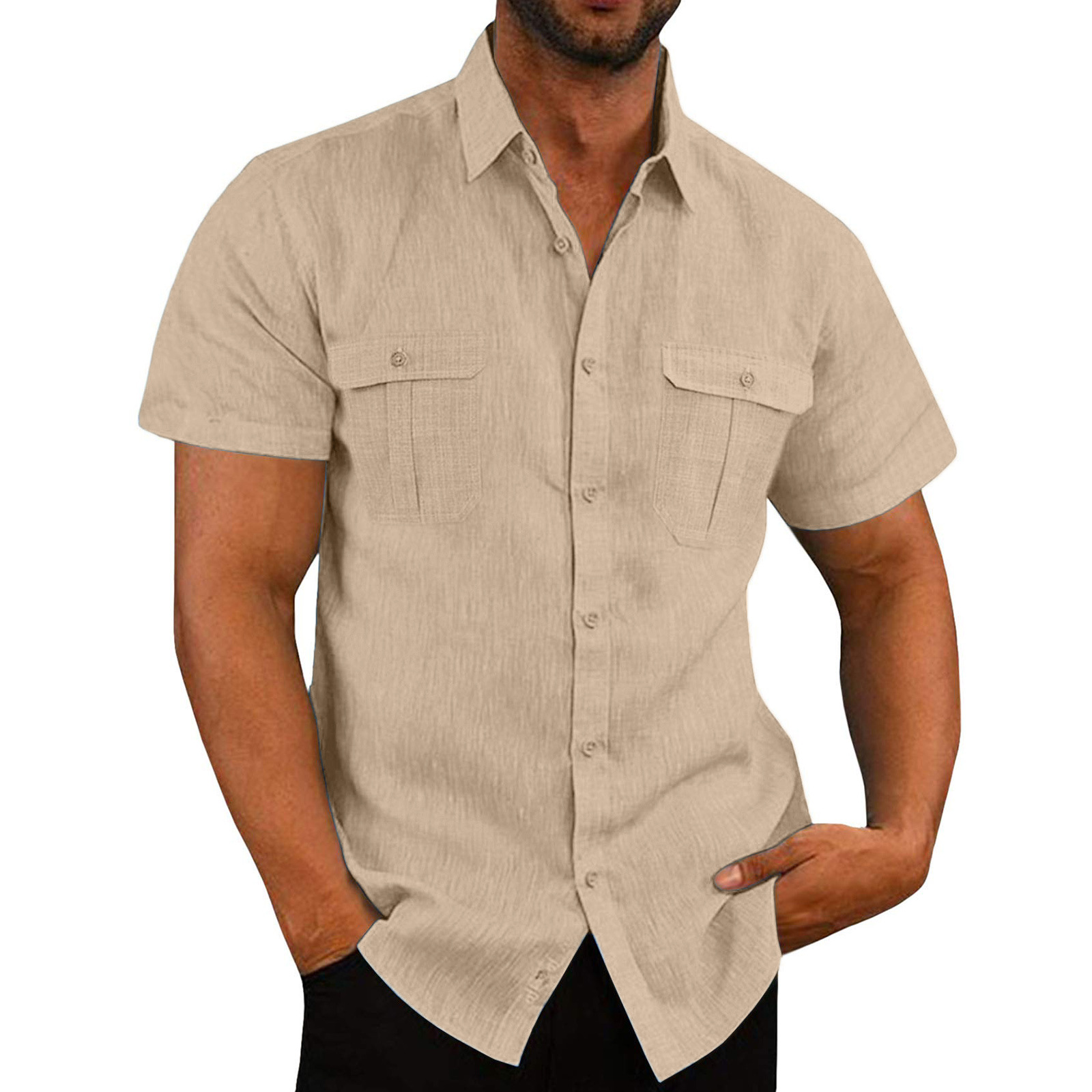 Men's double pocket cotton linen short sleeved casual vacation shirt 7 colors_voghion.com