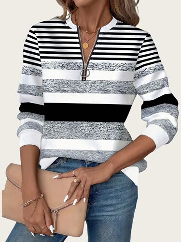 European and American women's clothing autumn and winter new long-sleeved round neck black and white striped shirt large size casual half-zipper sweater for women