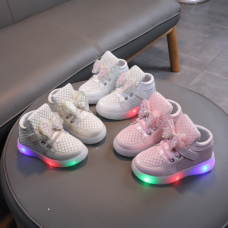 Girls' bowknot luminous sneaker 2024 spring new children's soft bottom non-slip breathable princess shoes toddler shoes