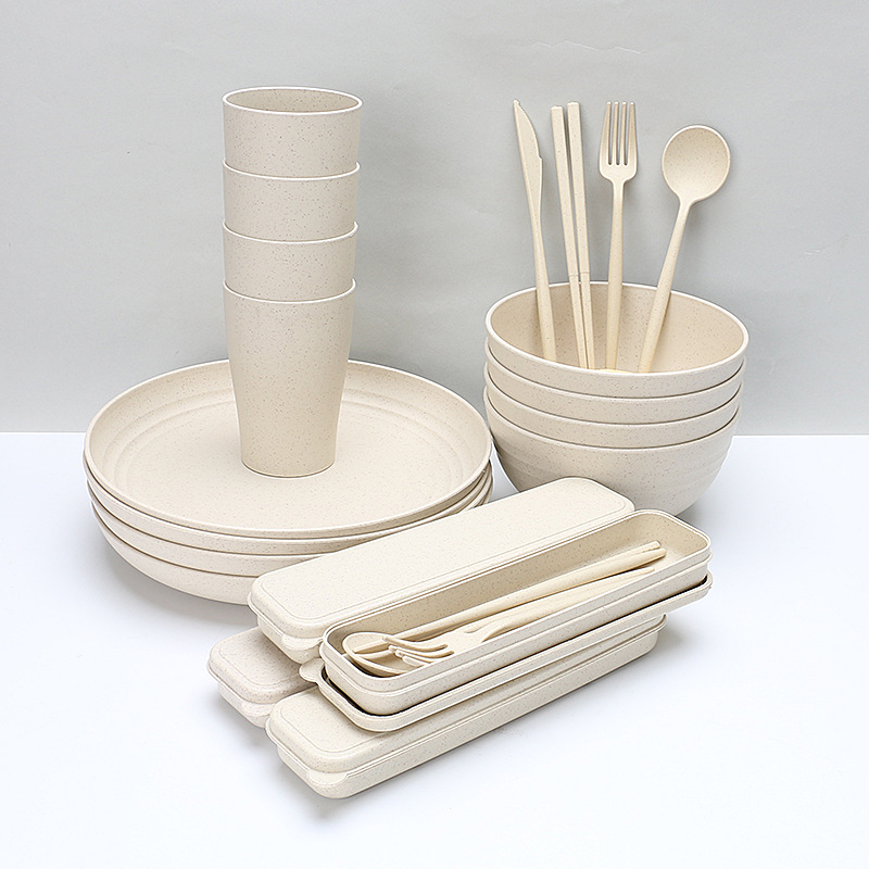 Juego de vajilla de paja de trigo beige, que incluye tazón, taza, plato y cubiertos, cuchillo, tenedor y cuchara portátiles, se pueden imprimir con logotipo, los tazones y platos son aptos para microondas.