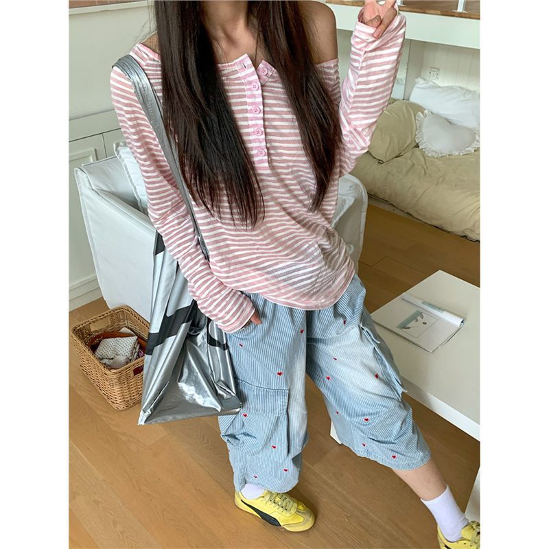 原版面料美式慵懒高级感条纹长袖气质上衣女夏休闲显瘦薄款打底衫|undefined