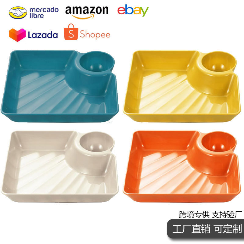 Restaurant Dumpling Plate with Vinegar Dish, Square Plastic Dinner Plate, Sushi Fries Compartmentalized Plate, Tableware, Snack Tray Wholesale