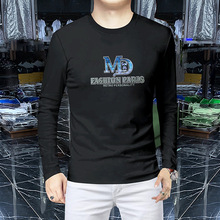 长袖T恤男秋季新款圆领休闲男装上衣百搭潮烫钻立体字母