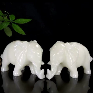 天然阿富汗白玉大象摆件一对招财吸水象风水吸水大象家居玉石摆件