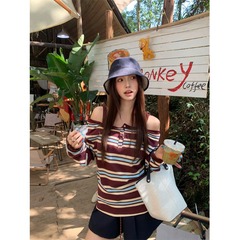 美式复古撞色条纹设计一字肩吊带上衣ins秋季收腰显瘦辣妹长袖T恤