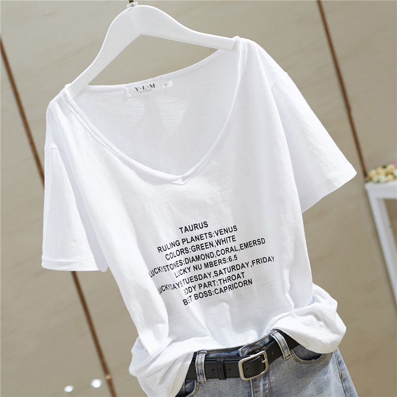 Summer V-neck Top Slub Cotton Letter All-match Short-sleeve Base Shirt White Women's T-shirt ins Loose Elegant Thin