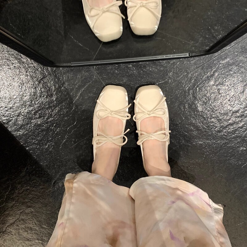 新しいフレンチスタイルのインナー高さのあるサテンバージョンのスクエアトゥダブルリボンバレエシューズ、女性用、多用途の浅い口のメリージェーンシューズ|undefined