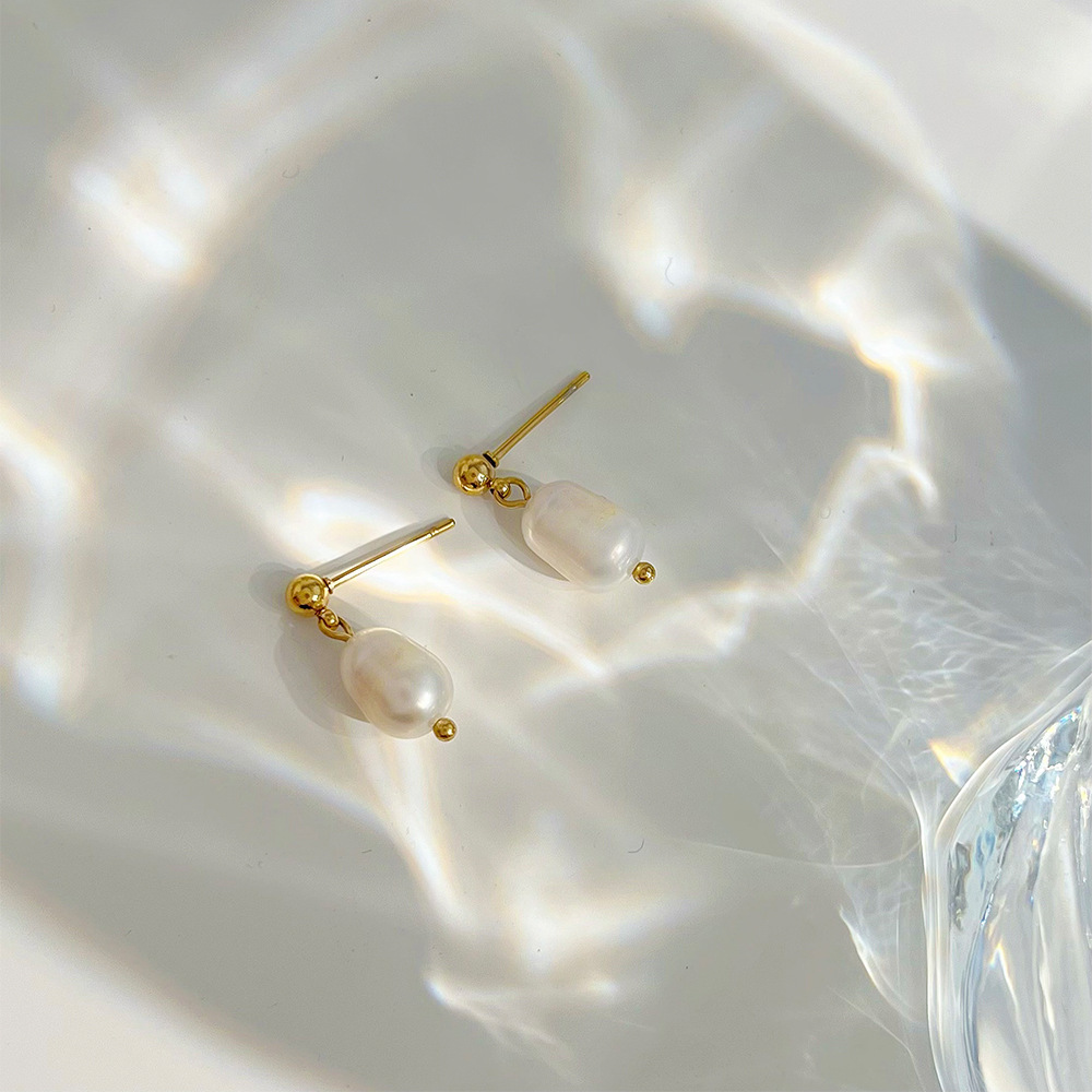 Women'S Gender Fashion Style PVD Coated Real Gold Plated 16K Gold White Gold Plated Gold Plating Geometric 304 Stainless Steel Freshwater Pearl Fashion Waterproof Non Tarnish Drop Earrings